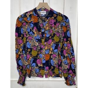 FRNCH Fatima Parisian Girlie Boho Top Floral Mix Pattern Ruffle Ruched Shirt XS